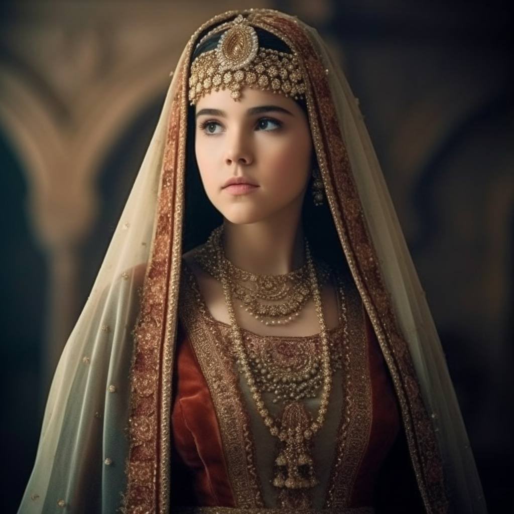 boburnama's tweet photo. Khanzada Begum, the daughter of Umar Shaikh Mirza and Kutlug Nigar Khanum, was the sister of Zahiriddin Muhammad Babur Mirza and was the wife of Muhammad #Sheibanikhan.
 
In the illustration, Khanzada Begum is depicted at the age of 13.
#Boburnama #Midjourney https://t.co/HkkvxIYVri