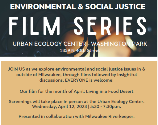 UWMDOS's tweet photo. Join the Urban Ecology Center this Wednesday evening, 5:30-7:30pm, for the second film in our Environmental and Social Justice Film Series at Washington Park, Living in a Food Desert. https://t.co/jIDE8Bxf7S