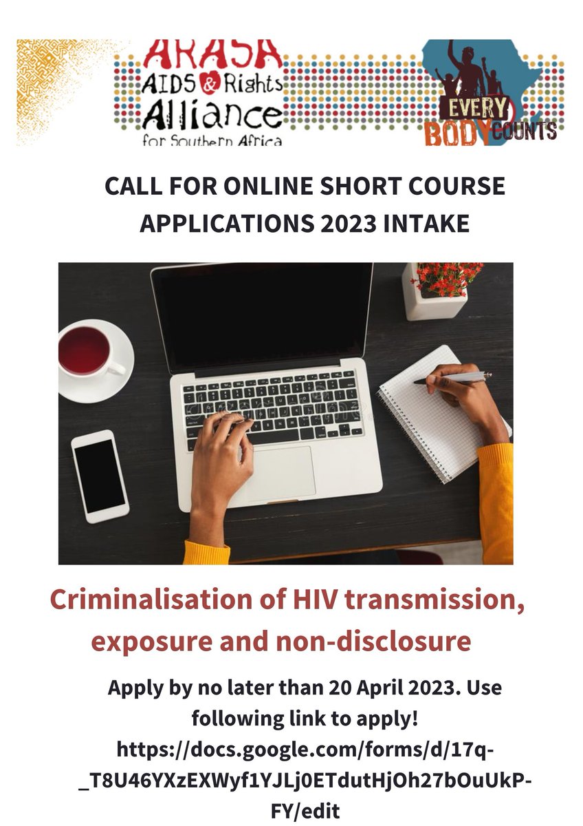 To all partners &amp; CSOs in East &amp; Southern Africa. @_ARASAcomms is calling for applications 4 an online short course on Criminalisation of #HIV transmission, exposure &amp; non-disclosure. Deadline 20 April 2023. Apply here docs.google.com/forms/d/17q-_T…