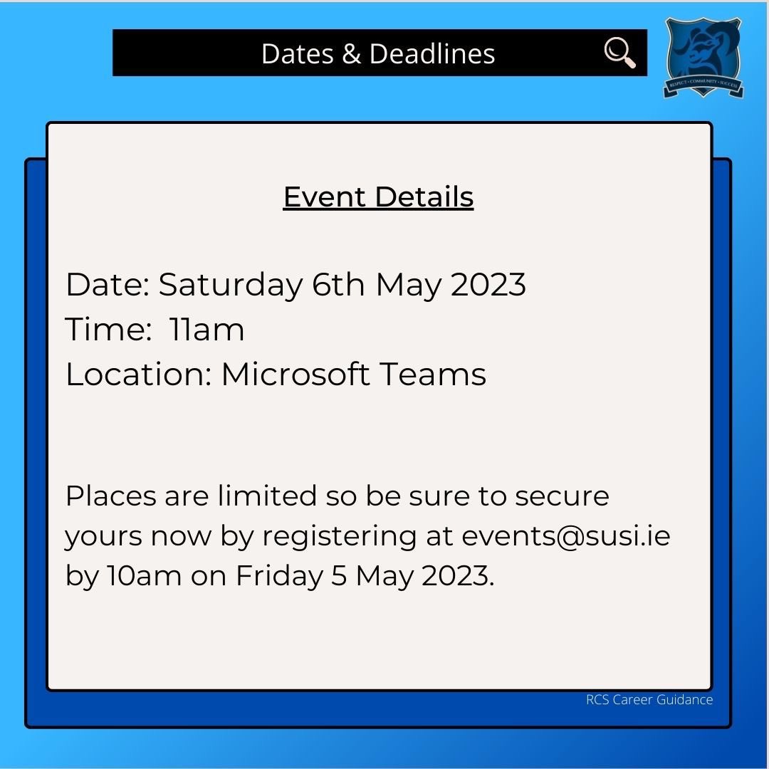 eastglendalough's tweet image. ⚠️ SUSI GRANT INFO ⚠️

This may be relevant for our LC students: 

@Susihelpdesk will open to new students from Thursday 13 April and are holding an info session on Sat 6th May @ 11am for more info! #SUSI #SUSIgrant #LC2023