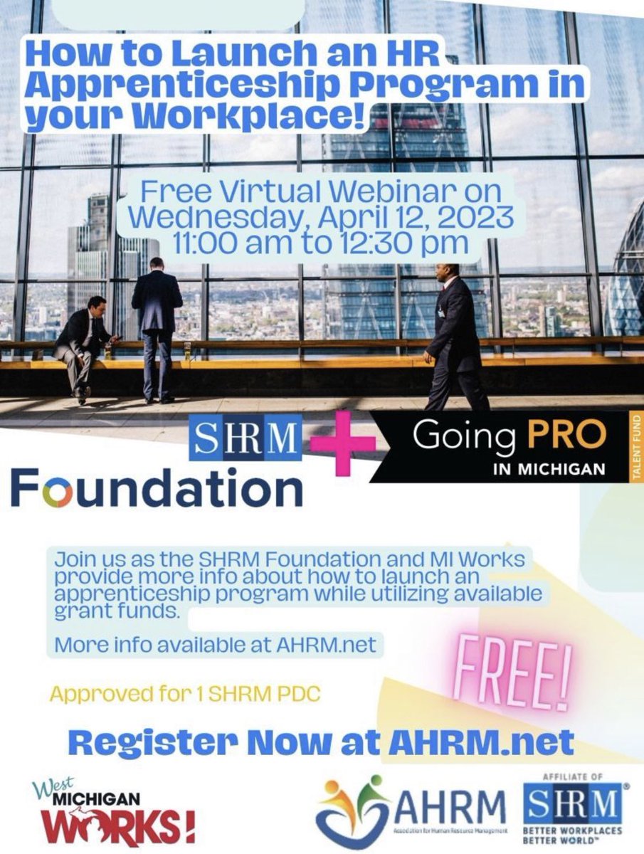 AHRMGR's tweet photo. Join AHRM and Angela Rogers tomorrow to learn more about how to launch your HR Apprenticeship program, as she shares information on the resources available through SHRM and SHRM Foundation. We will also have some special guests from West Michigan Works!  https://t.co/6YpeXmqzup https://t.co/t82CuI2YhS