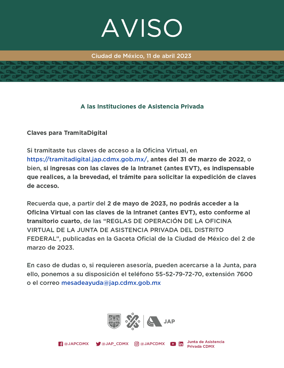 JAP_CDMX's tweet photo. ⚠️ Aviso Importante ⚠️

A las #IAP

Si tramitaste tu acceso a la Oficina Virtual antes del 31/03/22, es indispensable realizar el trámite para la expedición de claves de acceso.

Consulta a la Mesa de Ayuda
☎️ 55 5279 7270 ext. 7600
✉️ mesadeayuda@jap.cdmx.gob.mx 

#JAPContigo👍🏻 https://t.co/Fx7SDZ0U6V