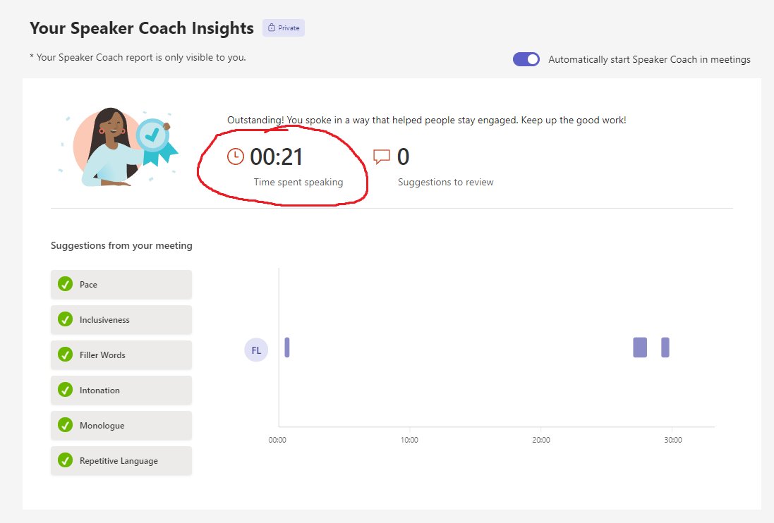 FrankLesniak's tweet image. Is there a programmatic way to access the time spent speaking meeting statistic? Like, using the #GraphAPI?
#Teams #SpeakerCoach #MicrosoftGraph