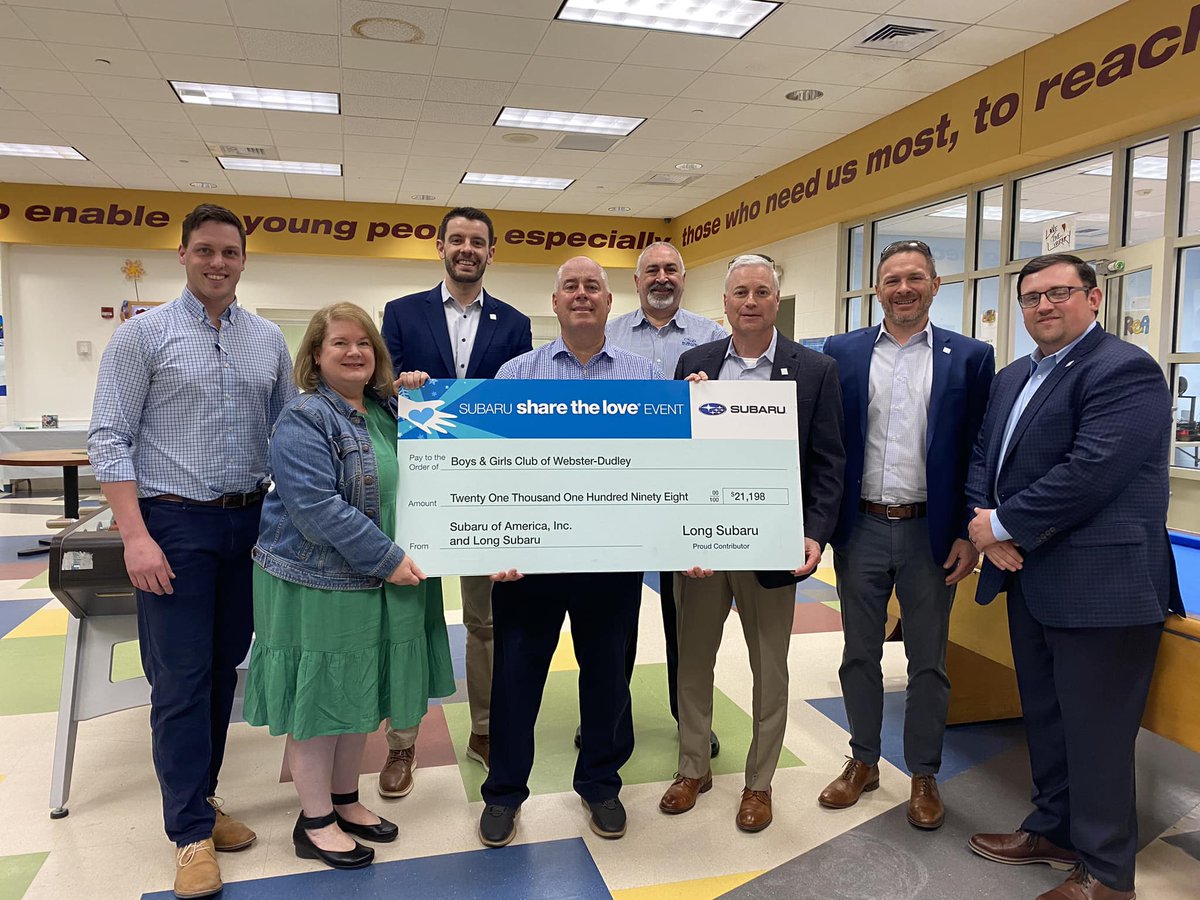 We had the privilege to present the 2022 #SharetheLove donation check in the amount of $21,198 to the Boys &amp; Girls Club of Webster Dudley today! 💙 #LongSubaruCommunity #communityisopportunity #morethanacarcompany
<a href="/subaru_usa/">Subaru</a> <a href="/SubaruOfNewEng/">SubaruOfNewEngland</a>