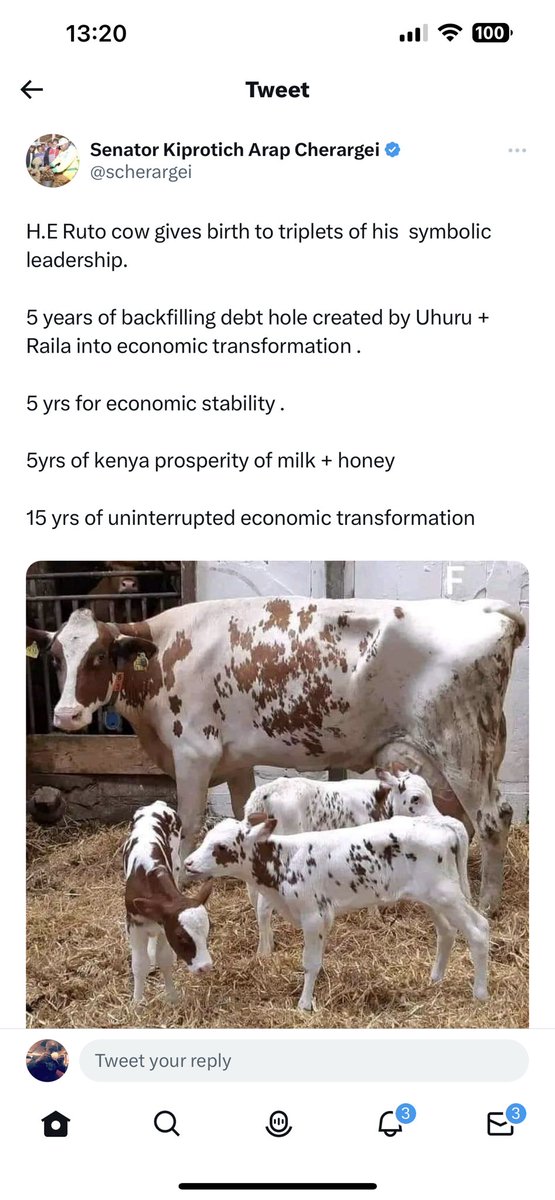 magwaz3's tweet photo. Nandi Senator Samson Cherargei through his parable of the triplet calves, hints that President William Ruto will be seeking a third term as the President.
Prepare to have Kenya Kwanza govt for the next 15 years. It's evident they are going to remove term limit

Kindiki #Akothee https://t.co/dPf0ZFKyui