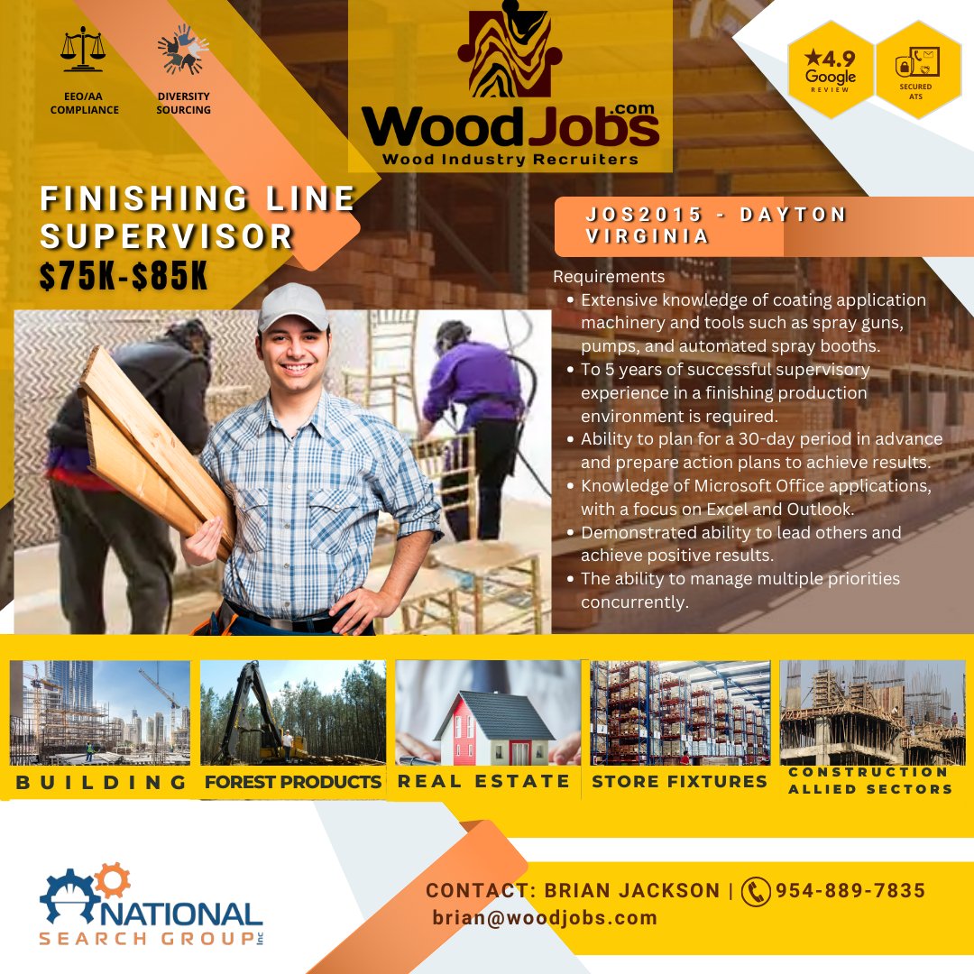 CONTACT: BRIAN JACKSON | 954-889-7835
 brian@woodjobs.com
#nowhiring #werehiring #hotjobs #woodjobs #woodindustry #supervisoryjobs #leadershipjobs #jobsinvirginia #finishinglinesupervisor