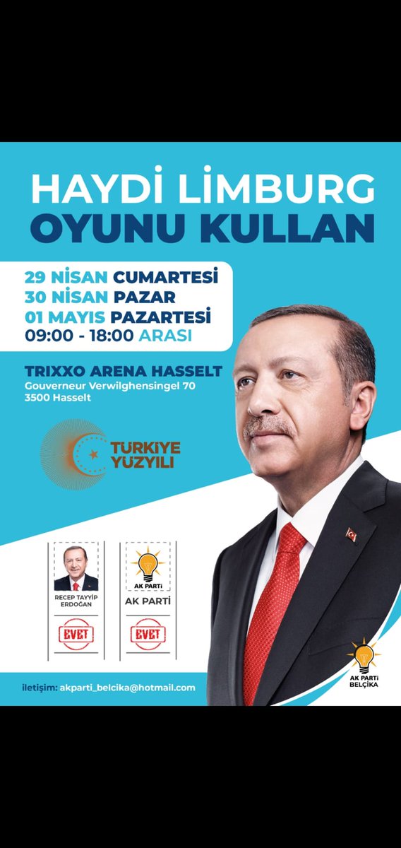 Haydi Belçika Yüzyılın seçiminde TÜRKİYE YÜZYILI İÇİN OYUNU KULLAN  OYNANAN OYUNU BOZ🇹🇷🇹🇷🇹🇷 #DurmakYokYolaDevam

<a href="/RTErdogan/">Recep Tayyip Erdoğan</a> 
<a href="/AKPartiYSKM/">AK Parti Yurt Dışı Seçim Koordinasyon Merkezi</a> 
<a href="/efkanala/">Efkan Âlâ</a>
<a href="/SirakayaZafer/">Zafer Sırakaya 🇹🇷</a>
<a href="/toprak_av/">Av.Muhammed Fatih TOPRAK</a> 
@bilgi_blent 
<a href="/KoksalKus1/">Köksal Kuş</a> 
<a href="/Akparti_belcika/">Akpartibelcika.Skm</a> 
<a href="/LimburgAkSKM/">Ak Parti Limburg SKM</a> 
<a href="/dmircienes/">Enes Demirci 🇹🇷🤝🇧🇪</a> 
<a href="/Akill67Kdz/">Abdullah قيلنج 🇹🇷🇵🇸</a> 
<a href="/TanerIkiz/">Taner İkiz طانر ىكيز</a>