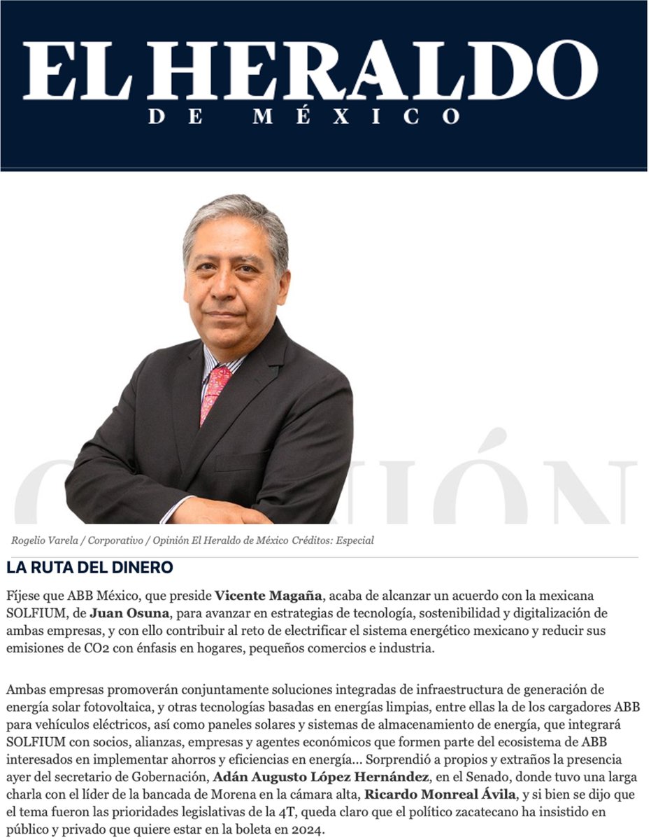 <a href="/ABBMexico/">ABB México</a> que preside Vicente Magaña acaba de alcanzar un acuerdo con la mexicana <a href="/solfium/">Solfium</a> de Juan Osuna, para avanzar en estrategias de tecnología, #sostenibilidad y digitalización de ambas empresas - <a href="/corpo_varela/">Rogelio Varela</a> vía <a href="/heraldodemexico/">El Heraldo de México</a>  

#sostenibilidad #Empresas #Solar