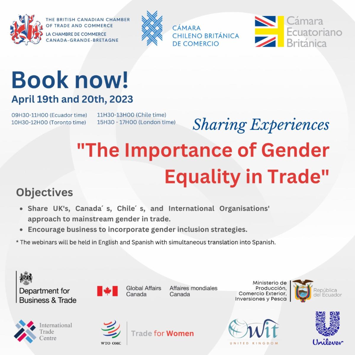 bcctc's tweet photo. BritCham Canada, Chile and Ecuador have the privilege to invite you to participate in the Webinar "The importance of gender equality in trade - Sharing Experiences" 

April 19-20 from 10:30 am to 12:00 pm (Toronto time) on Zoom.

More info here: https://t.co/NEwAEAL343 https://t.co/8DXRixVjFF