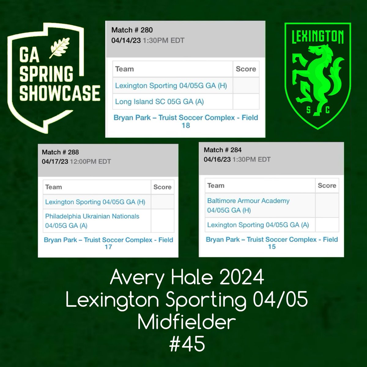 Super excited for the GA Spring Showcase this weekend!! Hope to see a lot of college coaches and compete against some great players. 💚 <a href="/ImCollegeSoccer/">College Soccer Truth ™</a> <a href="/TopDrawerSoccer/">TopDrawerSoccer</a> <a href="/LSCyouth/">Lexington Sporting Youth</a>