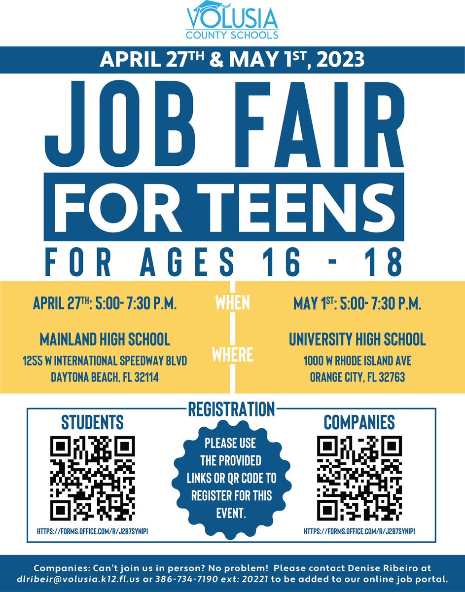 Reminder! The 2023 Job Fair for Teens is tomorrow, April 27th, at Mainland High and the second event is on May 1st at University High School.
Student Registration link: bit.ly/40DFXdH
Business Registration link: bit.ly/3ZGrtbN