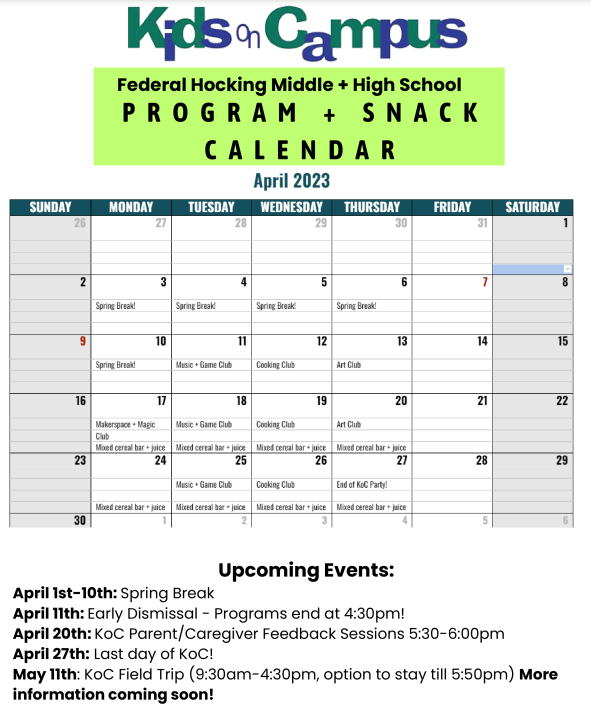 KidsonCampus1's tweet photo. Lancers are gearing up for Spring- check out the KoC April newsletter for Federal Hocking Middle/High School here! https://t.co/Vp6eB85oOK