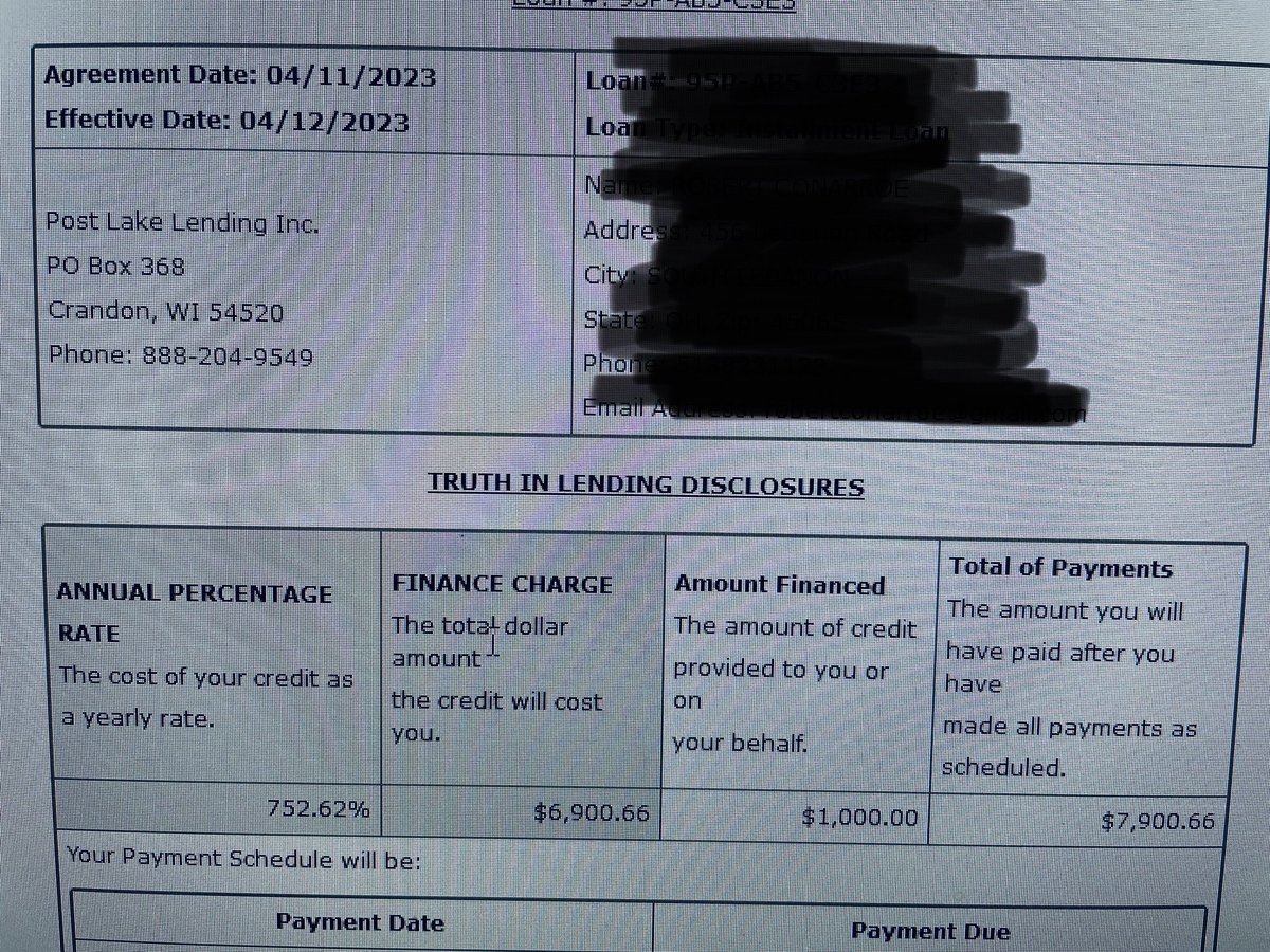 GolfCincy's tweet photo. #predatorylending #ftc #postlake Check out the rate that Post Lake Lending gave out. 😂 752% @USAGov Wow! Seems very predatory. https://t.co/e7ZUfdsPVD