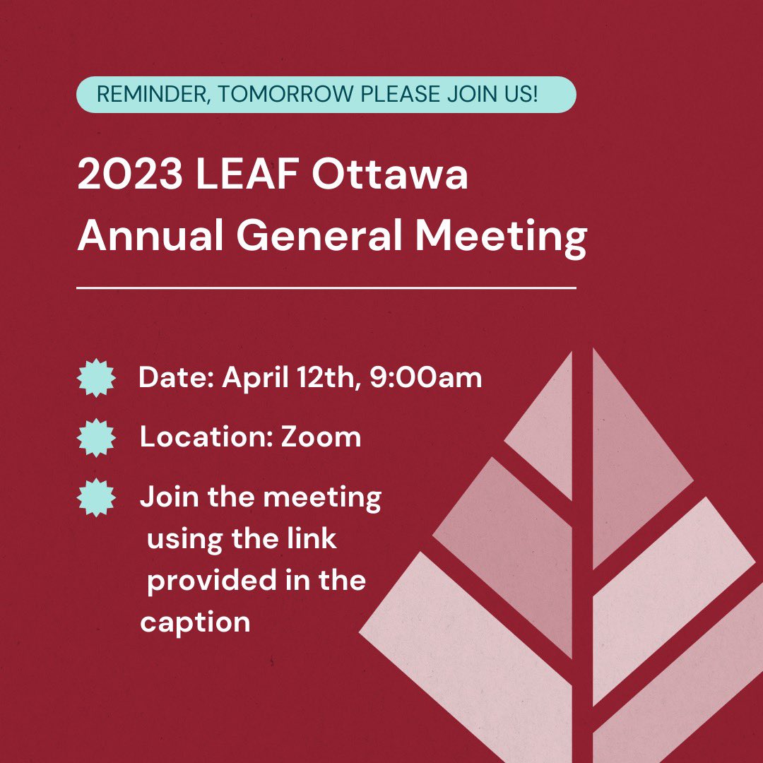 LEAFOtt's tweet image. Reminder! Tomorrow please join us for our AGM to learn more about our branch. 

To receive the Zoom link please fill out this survey: forms.office.com/r/Vetrc3SmF0