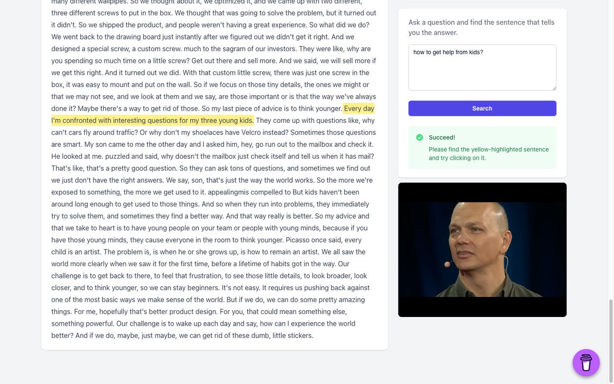 用 AI 辅助听播客、看视频。

昨天介绍了怎么用 ChatGPT，从 281 期播客里生成中文播客语料库，今天介绍一个播客相关的实用 AI 工具 Audio2Doc。

audio2doc.com

我用 Tony Fadell 的 TED 演讲做了测试。

开始部分有点像音频版的 ChatPDF，你上传播客节目音频、或者输入 Youtube 视频