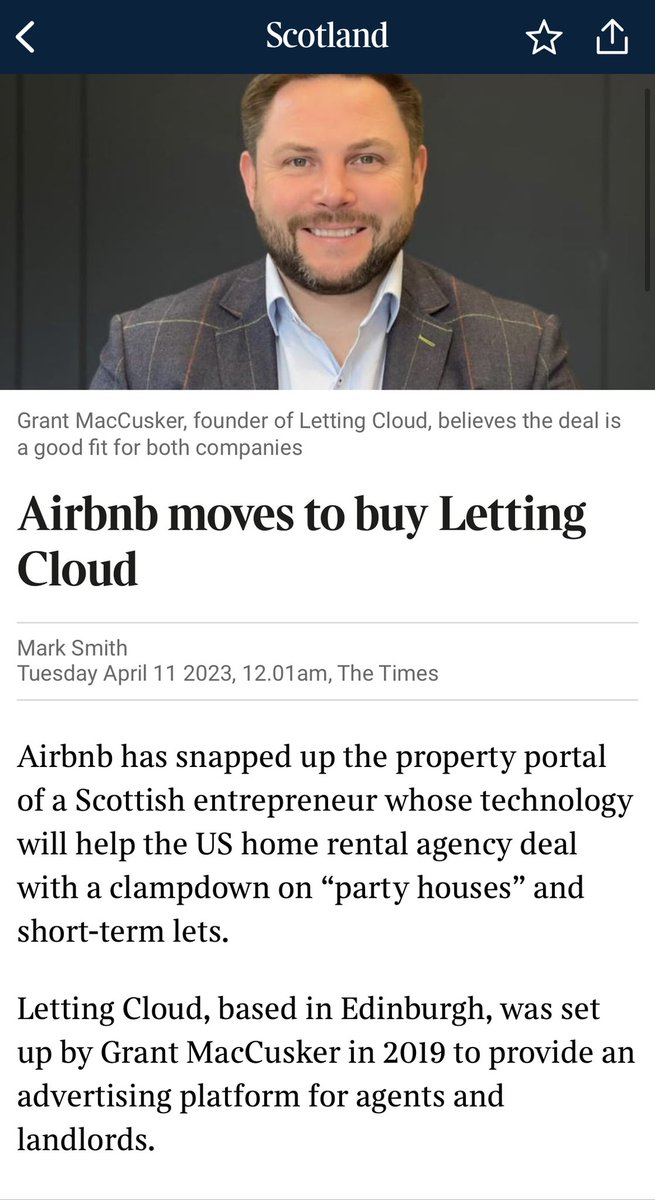 Woi…so this is quite something. Seems like the Times wrote a story about AirBnB buying a Scottish letting tech platform called Letting Cloud. And the guy from Letting Cloud appears to have just made the acquisition up…