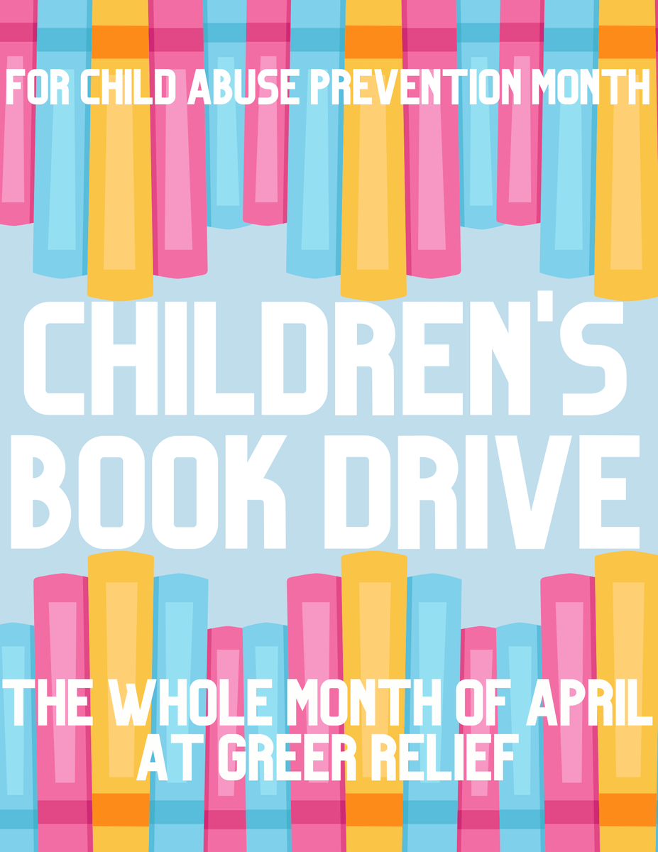 GreerRelief's tweet photo. In honor of National Child Abuse Prevention Month, Greer Relief is hosting a month long childrens book drive! Please swing by our office to donate!
.
.
.
#GreerSC #NationalChildAbusePreventionMonth #AHandInChange #BeAHandInChange #GreerRelief https://t.co/BbxjjyoOYw