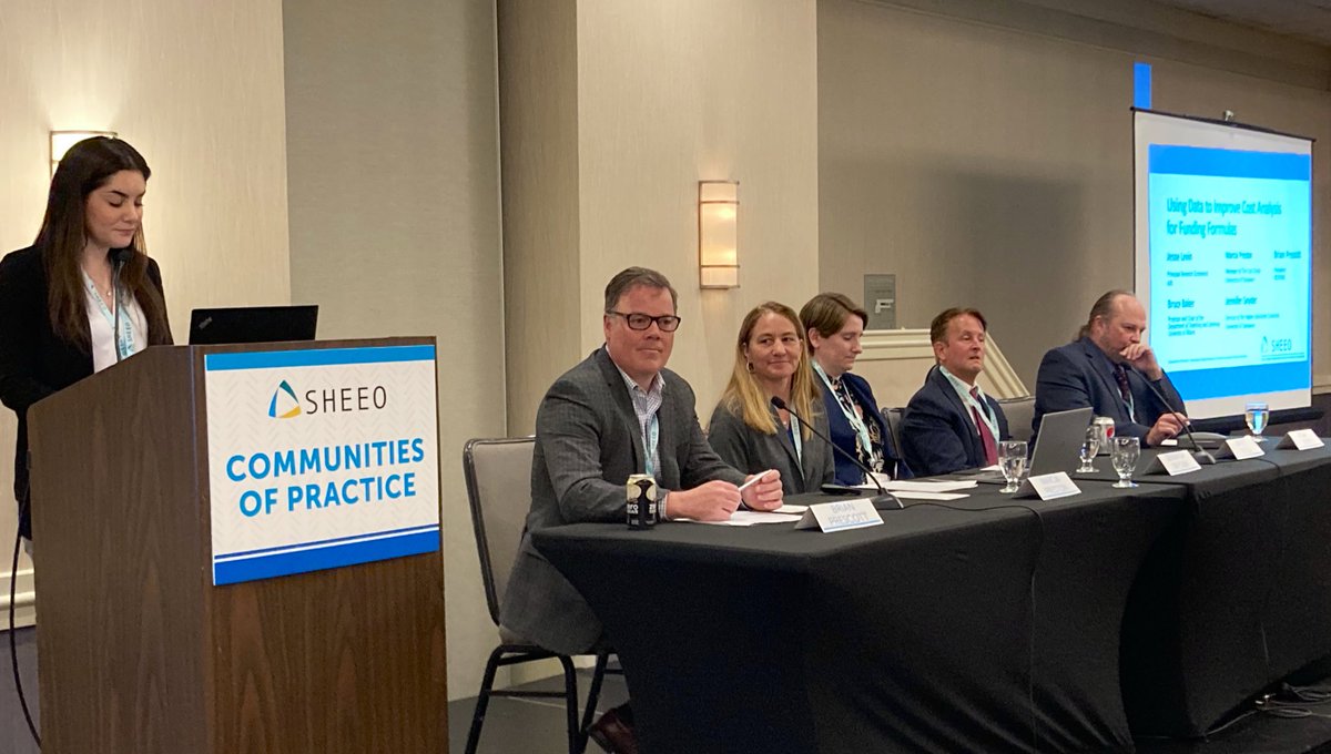 SHEEOed's tweet photo. Next up, @LadermanSophia introduces a panel on using data to improve cost analysis for funding formulas. @nchemstweets President Brian Prescott leads the discussion with reps from @AIRInforms, @univmiami, and @UDelaware. #SHEEOCoP https://t.co/sm3Y4NkD6x