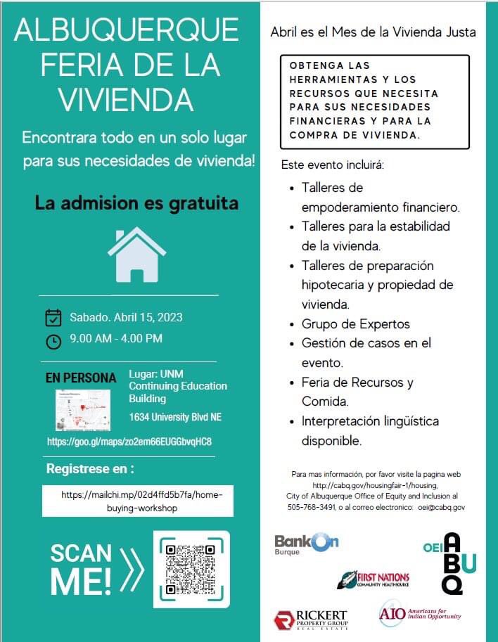 April is #FairHousingMonth! We are collaborating with our community partners for the Albuquerque Housing Fair this Saturday, April 15th! 

Please share the flyer with your networks! More info: cabq.gov/housingfair