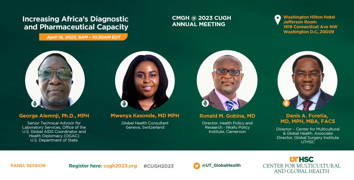 Join us during #CUGH2023 for an insightful panel discussion on 'Increasing #Africa's Diagnostic and Pharmaceutical Capacity'.

#GlobalHealth #globalsurgery 
@CUGHnews @uthsc @UTHSCGlobalSurg @keithmartinmd @ahyder1 @AfricaCDC @CGDev @UT_President @randyboyd @USAmbPEPFAR