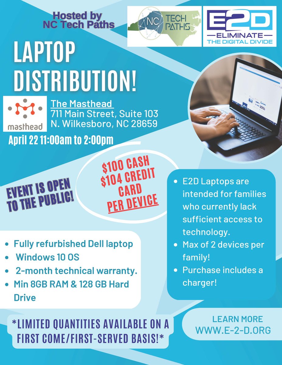 NCTechPaths's tweet photo. $100 Laptop Distribution 💻
Saturday, April 22, 11am-2pm at The Masthead 

NC Tech Paths is partnered with E2D to host our first laptop distribution day. E2D is a nonprofit organization dedicated to connecting all NC families to technology. 

2️⃣Limit of 2 devices per family!
... https://t.co/1JPx3GZfV4