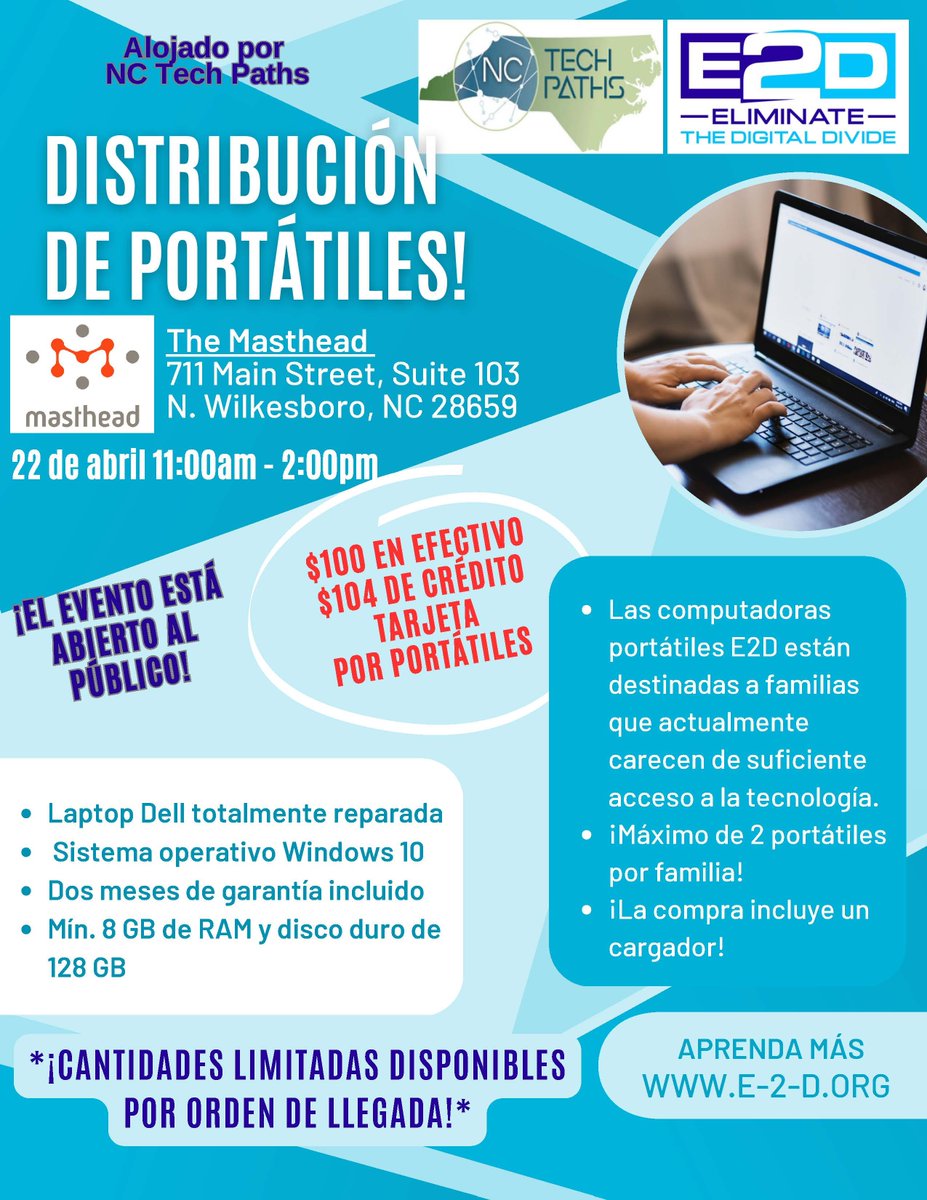 $100 Laptop Distribution 💻
Saturday, April 22, 11am-2pm at The Masthead 

NC Tech Paths is partnered with E2D to host our first laptop distribution day. E2D is a nonprofit organization dedicated to connecting all NC families to technology. 

2️⃣Limit of 2 devices per family!
...
