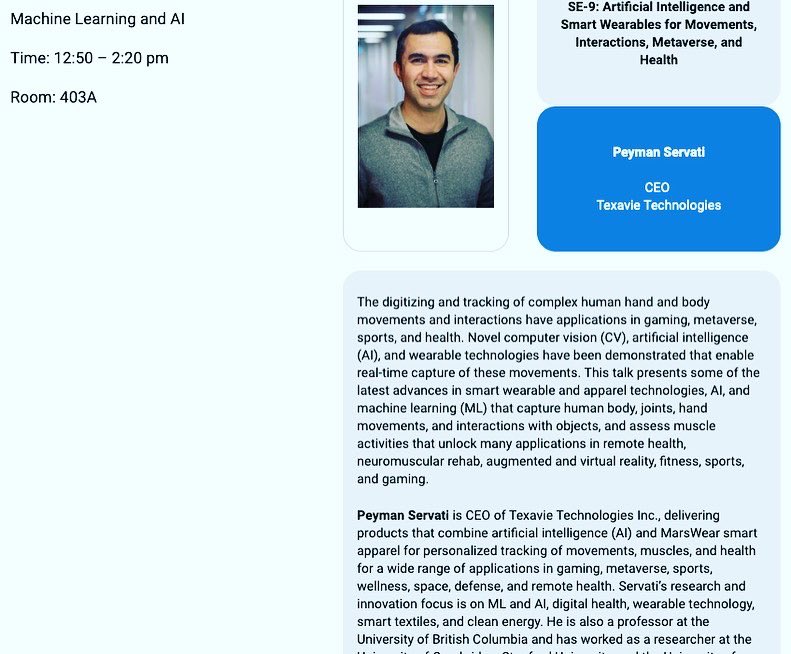 Join our CEO Peyman Servati @pservati presenting our latest technology and products in AI and wearables for movements, interactions, health and metaverse in #SID2023 #DisplayWeek in Los Angeles! #ai #digitalhealth #ux #exercise #marswear #Wearables @StitchInstitute