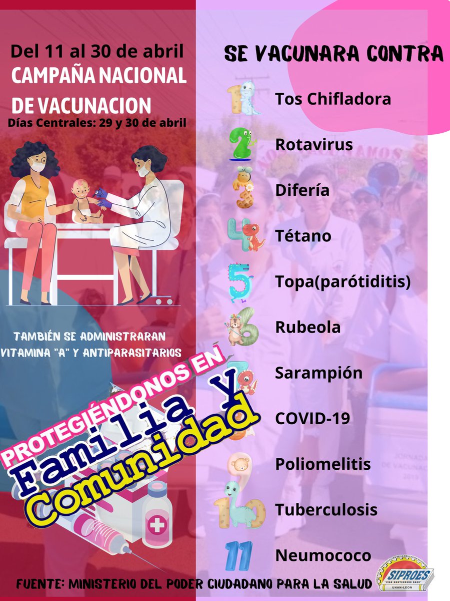 Hoy, inició la Campaña Nacional de Vacunación, con el Lema “Protejámonos en Familia y Comunidad: Vacunémonos”. La meta es aplicar 2,136,602 dosis de vacunas; 711,243 dosis de Vitamina A en niños de 6 meses a 9 años; y 1,314,622 dosis de desparasitante a niños de 1 a 14 años.