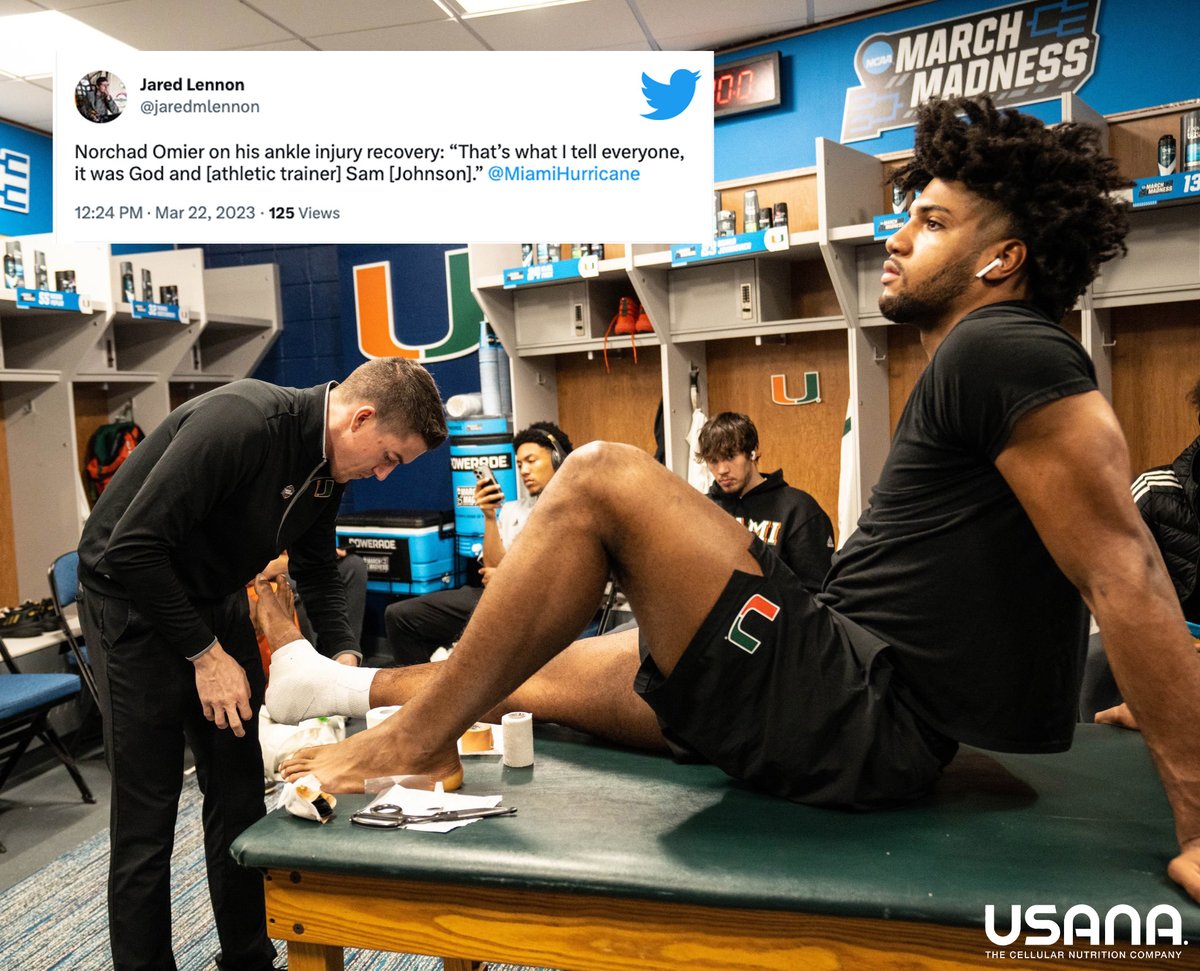 .<a href="/CanesHoops/">Canes Men’s Basketball</a> athletic trainer Sam Johnson played a key role in getting Norchad Omier back on the court for #MarchMadness.

A special shoutout to our athletic trainers for keeping the Canes healthy and ready to play 🙌

Performance of the Month fueled by USANA