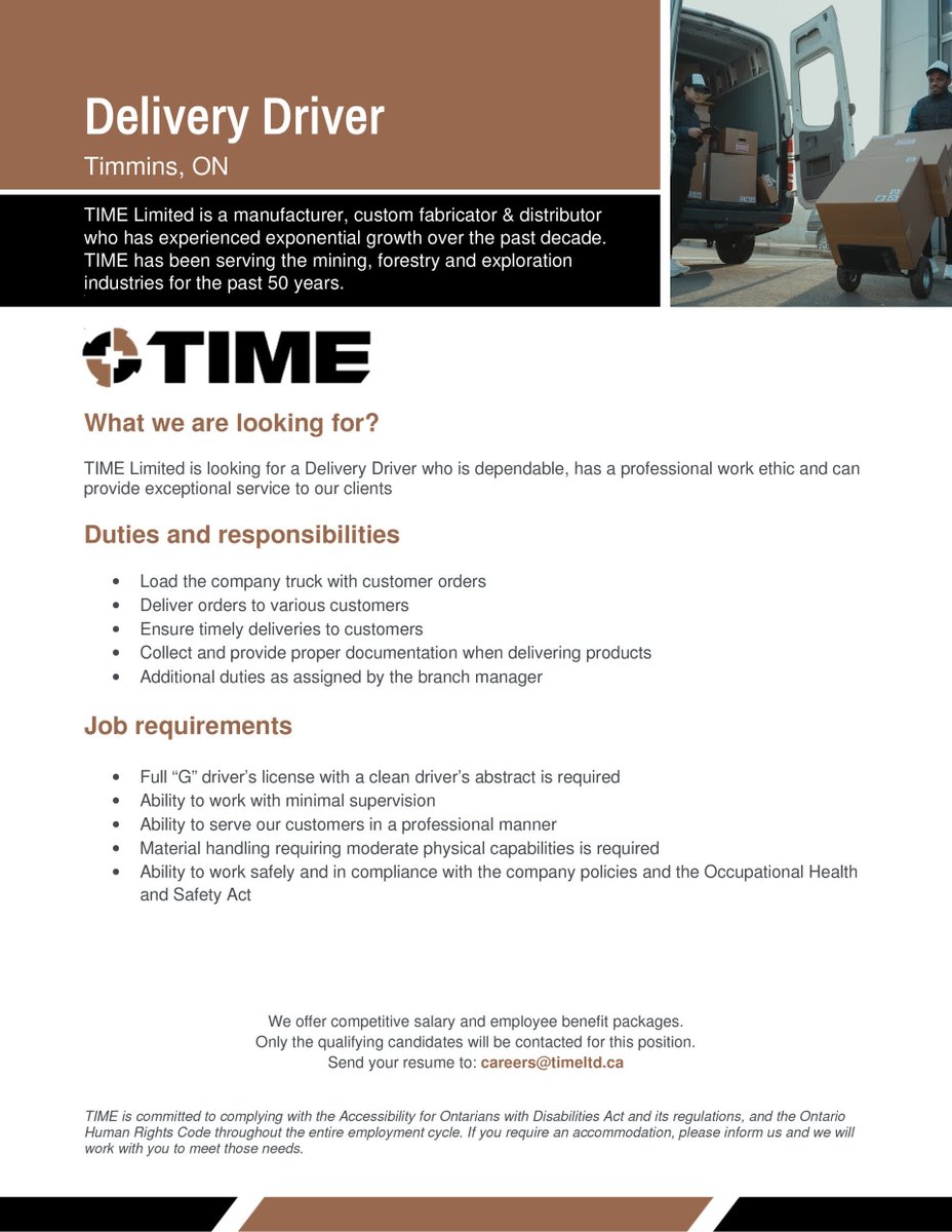 Two new positions have opened up at TIME Limited. We are in search of a Delivery Driver for our Timmins branch as well as an Inside Sales Administrator in Saskatoon. If you are interested please send your resume to: careers@timeltd.ca