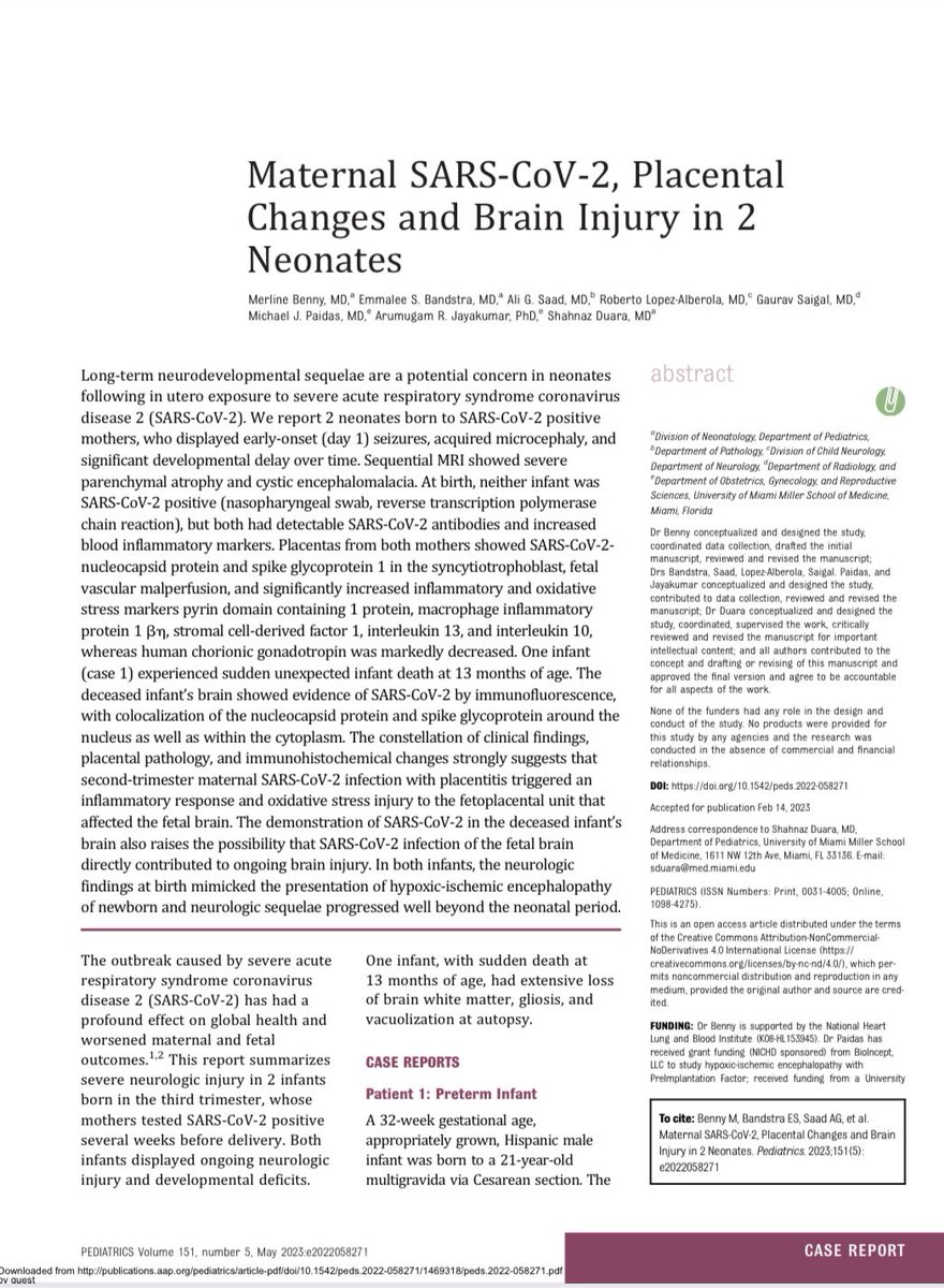 IlindelatorreMD's tweet photo. Primer estudio que confirma la transmisión del SARS-CoV-2 a través de la placenta y que produce daño cerebral en dos recién nacidos. 

SARS-CoV-2 materno, cambios en la placenta y lesión cerebral en dos recién nacidos. 

Pediatrics

https://t.co/Y2sL8X5B6N https://t.co/TB62YFIg8t