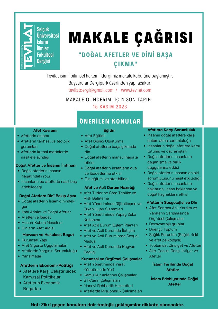 tevilat's tweet photo. Selçuk Üniversitesi İslami İlimler Fakültesi tarafından çıkarılan TEVİLAT isimli bilimsel, hakemli dergimiz “TABİİ AFETLER VE DİNİ BAŞA ÇIKMA” temalı makale kabulüne başlamıştır.
Makale gönderimi için son tarih: 15 Kasım 2023
Detaylı bilgi için tıklayınız.
https://t.co/VY7rmXxePP https://t.co/bQm7EMrN6f