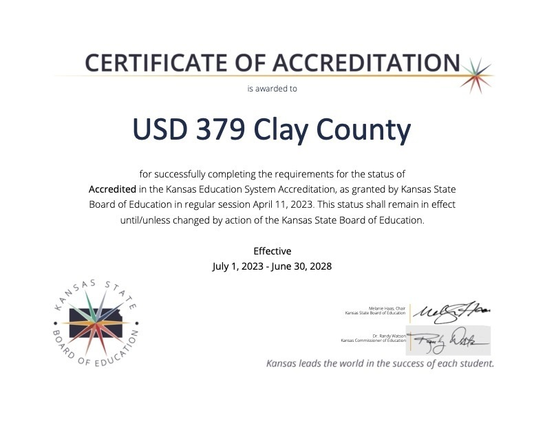 usd379's tweet photo. After six years of dedication to the district improvement process, USD 379 has been accredited by the Kansas State Board of Education. This is a tremendous accomplishment for our staff, students, parents, and community. #bettertogether #usd379 https://t.co/HkNjkUHJzl