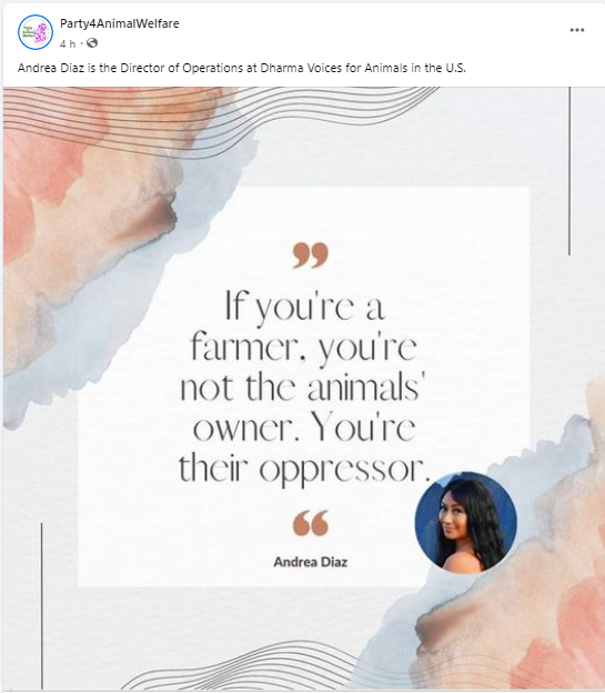 AnimalPartyIE's tweet photo. "If you're a
farmer, you're
not the animals
owner. You're
their oppressor."
- #AndreaDiaz
Andrea Diaz is the Director of Operations at Dharma Voices for Animals in the U.S.
@dharma4animals https://t.co/8y1Eimo3dZ