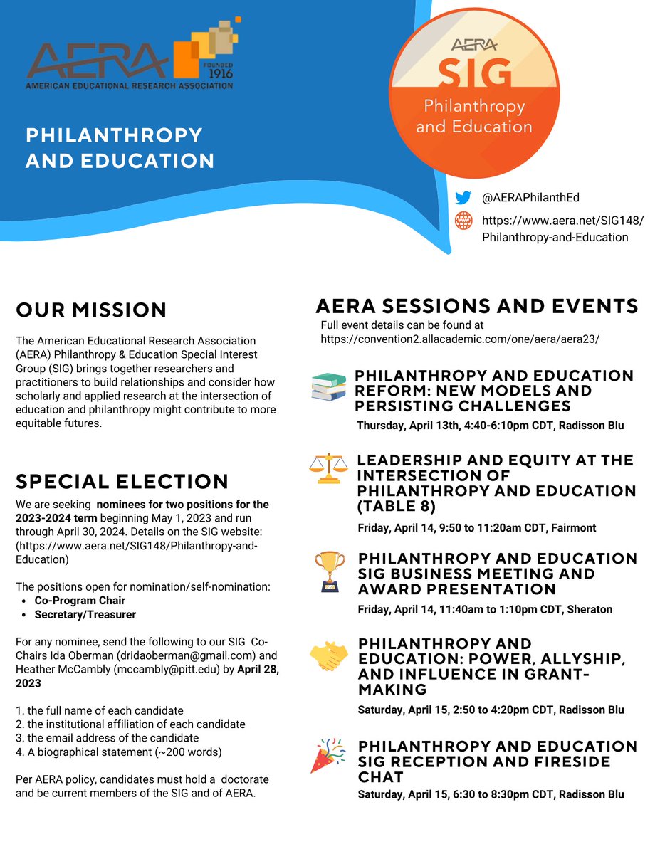 Take a look at our #AERA23 line-up! 

🙌 Join the Philanthropy &amp; Education SIG today by selecting SIG #148 when renewing your AERA membership.

Want to get more involved? We're holding a special election for two board positions, details below!