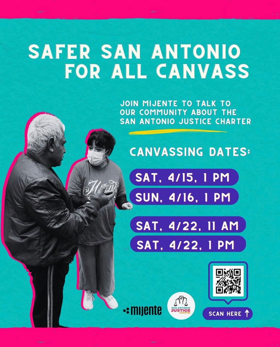 JusticeCharter's tweet image. We are two weeks out from Early Voting and need all the help we can get! 📢

Our partners at @ConMijente will be block walking and informing neighbors about the upcoming election and why they should vote FOR Prop A!

Sign up here: bit.ly/SaferSAcanvass
#PropA #SAJusticeCharter