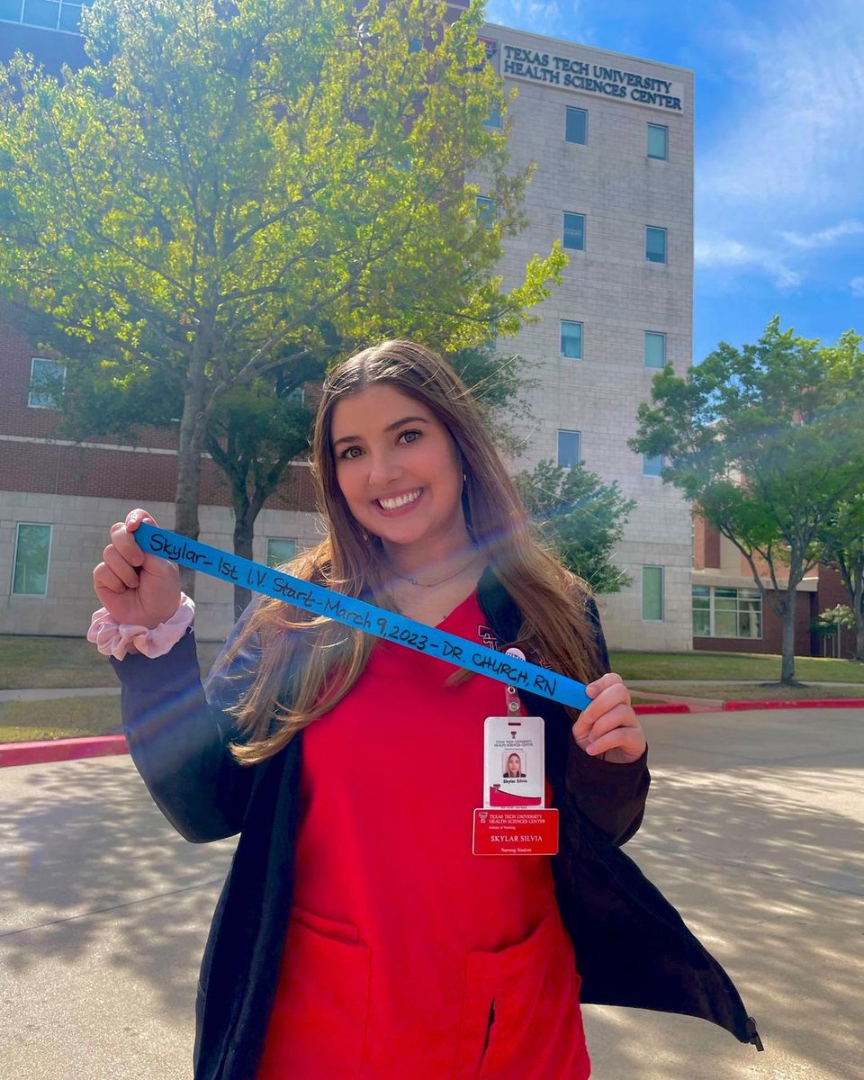 TTUHSC's tweet photo. “Got to stick my first IV 😁” Posing for a photo with the tourniquet from their #FirstIV start is something of a tradition for nursing students like Skylar at the #Mansfield teaching site, and many other @ttuhscson students. #RedRaiderNurse https://t.co/PPGPdIzTG2