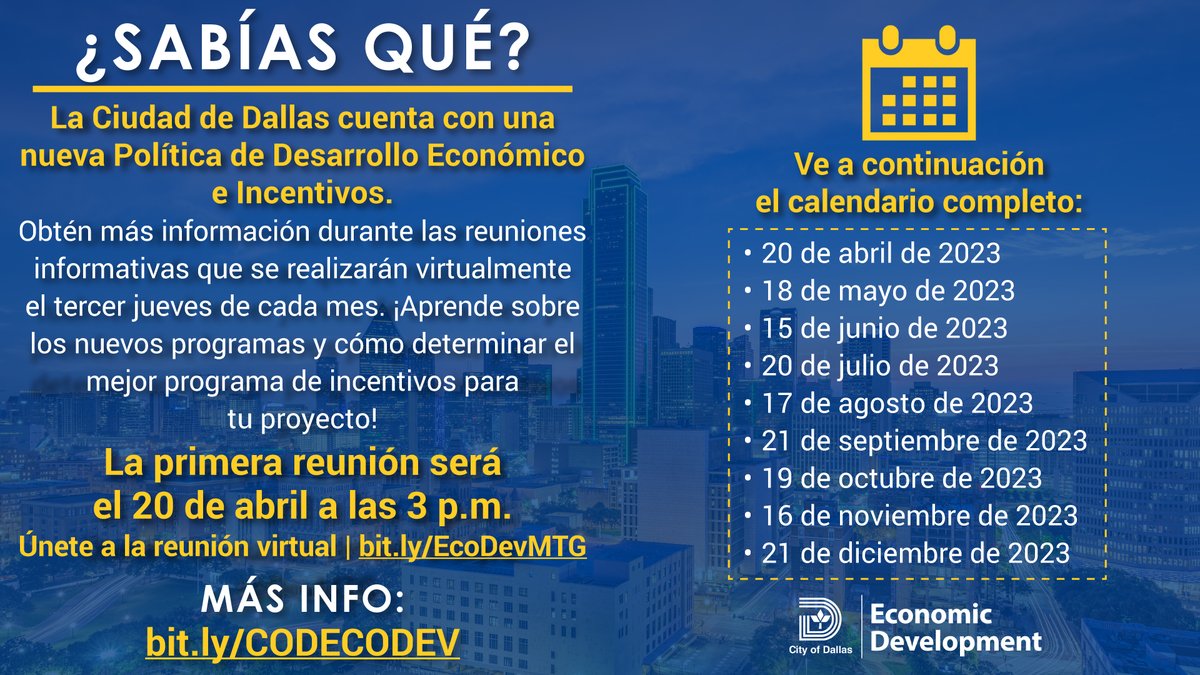 <a href="/DallasEcoDev/">DallasEcoDev</a> is hosting virtual Incentives Informational Meetings the third Thursday of each month at 3 p.m. Join us for our first meeting on April 20 to learn more about the City’s new incentives. 

For more information, visit bit.ly/CODECODEV.