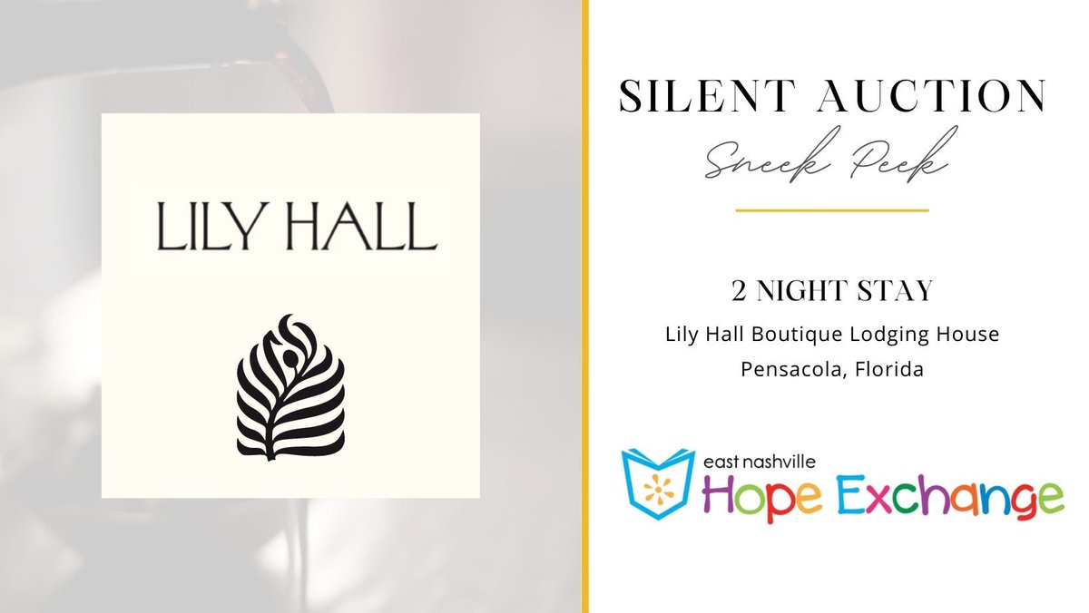 EastNHE's tweet photo. It's time for another sneak peek at some of the incredible silent auction items we'll have available at Friday's 20th Annual Wine Tasting and Silent Auction! One of our exciting luxury items available will be a 2 night stay at Lily Hall Boutique Lodging House in Pensacola, FL! https://t.co/yns9oP8X5Q