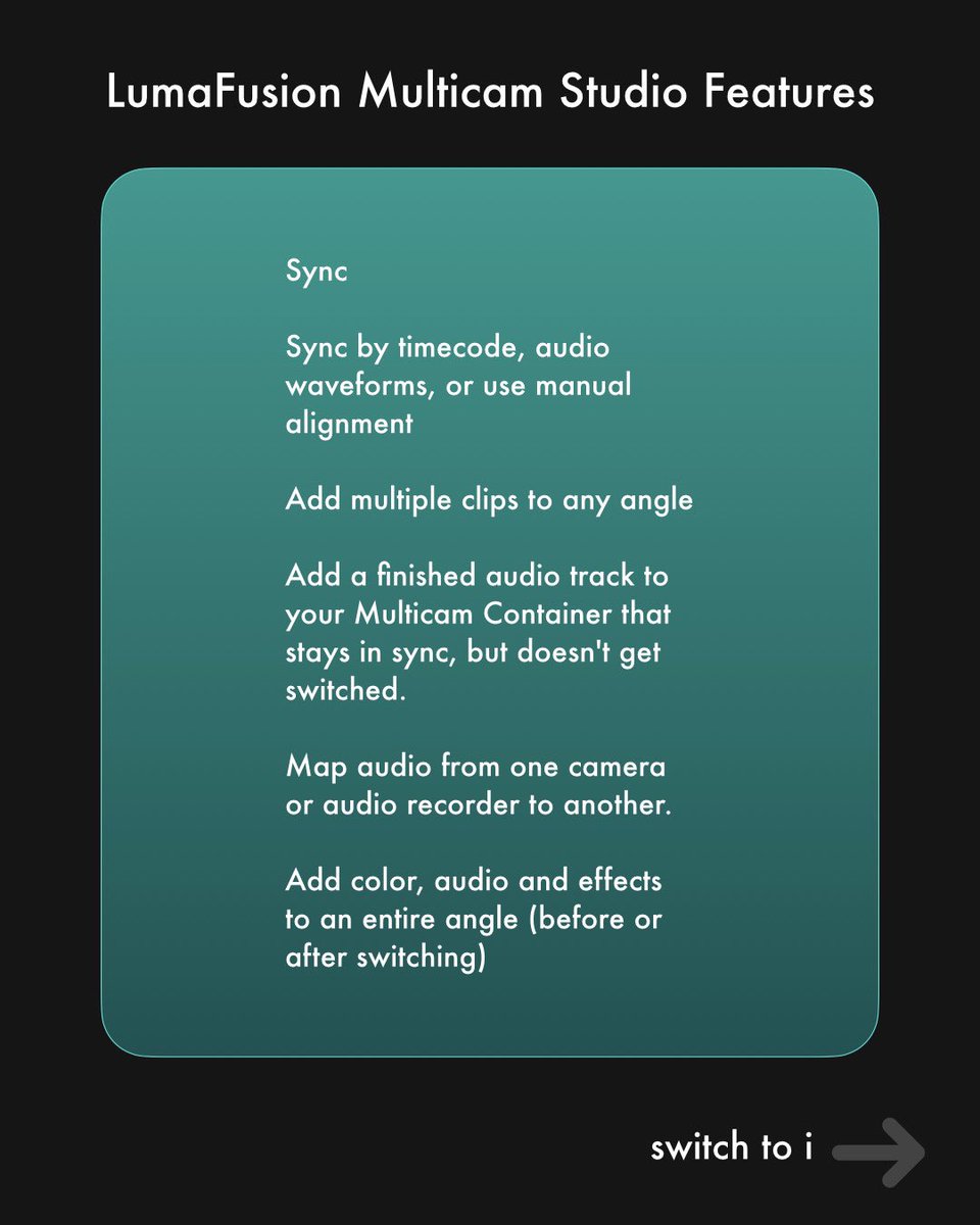 switchtoi's tweet photo. LumaFusion Multicam Studio Features - switch to i 
#lumafusion #lumafusionmulticam #switchtoi #lumafusiontutorial #lumafusionapp #ipadpro #iphonepro https://t.co/nUAMW9tDe5