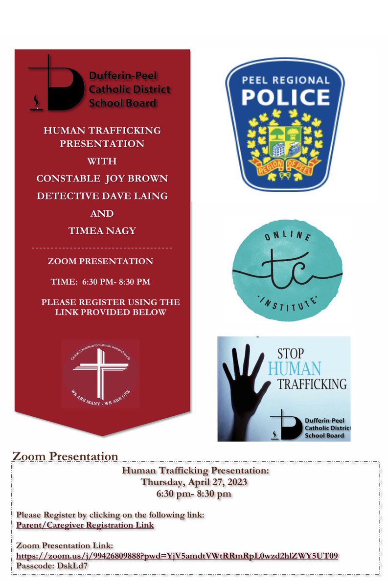 <a href="/CCCSC_DPCDSB/">DP_CCCSC</a> is pleased to announce a virtual parent engagement event on Human Trafficking - Thurs. April 27, 6:30 pm on Zoom. Interested attendees have been requested to pre-register using the link &amp; may submit questions ahead of time for presenters to address during the event.