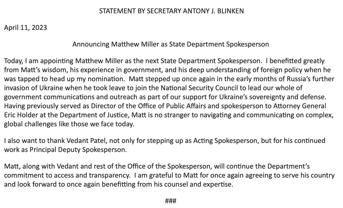 kylieatwood's tweet image. New tonight: Sec Blinken announces that Matt Miller is the new State Dept Spox, saying he "benefitted greatly from Matt’s wisdom, his experience in government, and his deep understanding of foreign policy when he was tapped to head up my nomination."