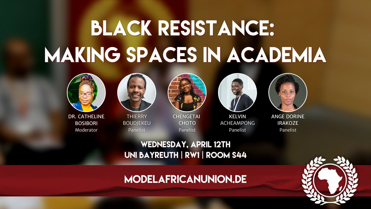 The association Model African Union Bayreuth e.V. invites you to participate in the #MAUAcademics event on #BlackResistance: Making Spaces in Academia!

12.04.2023 from 6 PM
Campus Uni Bayreuth | RWI Building | Room S44

Join the discussion!

#MAUBayreuth #BAYMAU