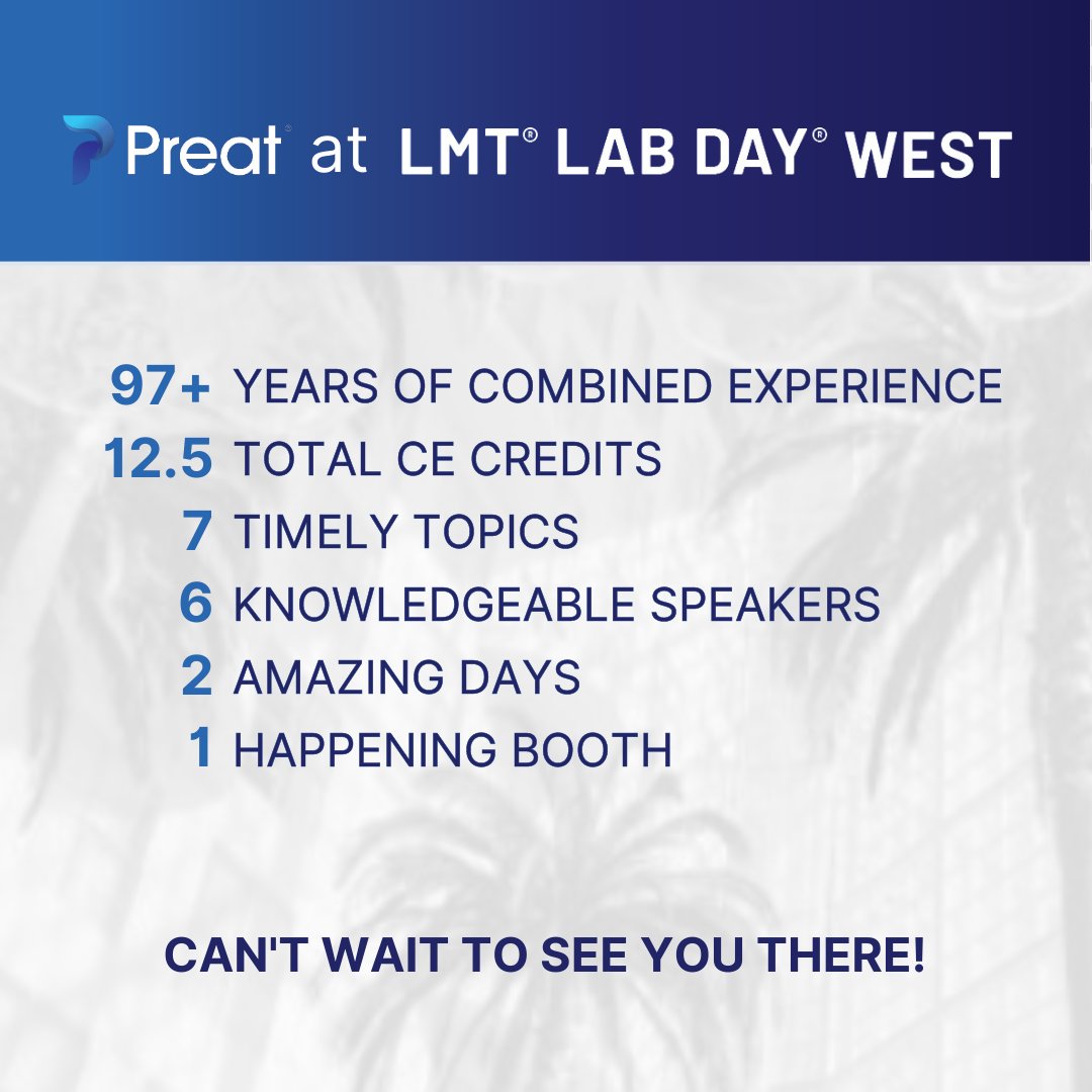 We are just one month away from LMT® LAB DAY® West! 

Join us May 12-13 in Garden Grove, CA to hear exciting new topics from our Preat team!  

We will be highlighting our seminar topics as we count down the days to Lab Day West. Stay tuned!

#preatcorporation #dental #dentist