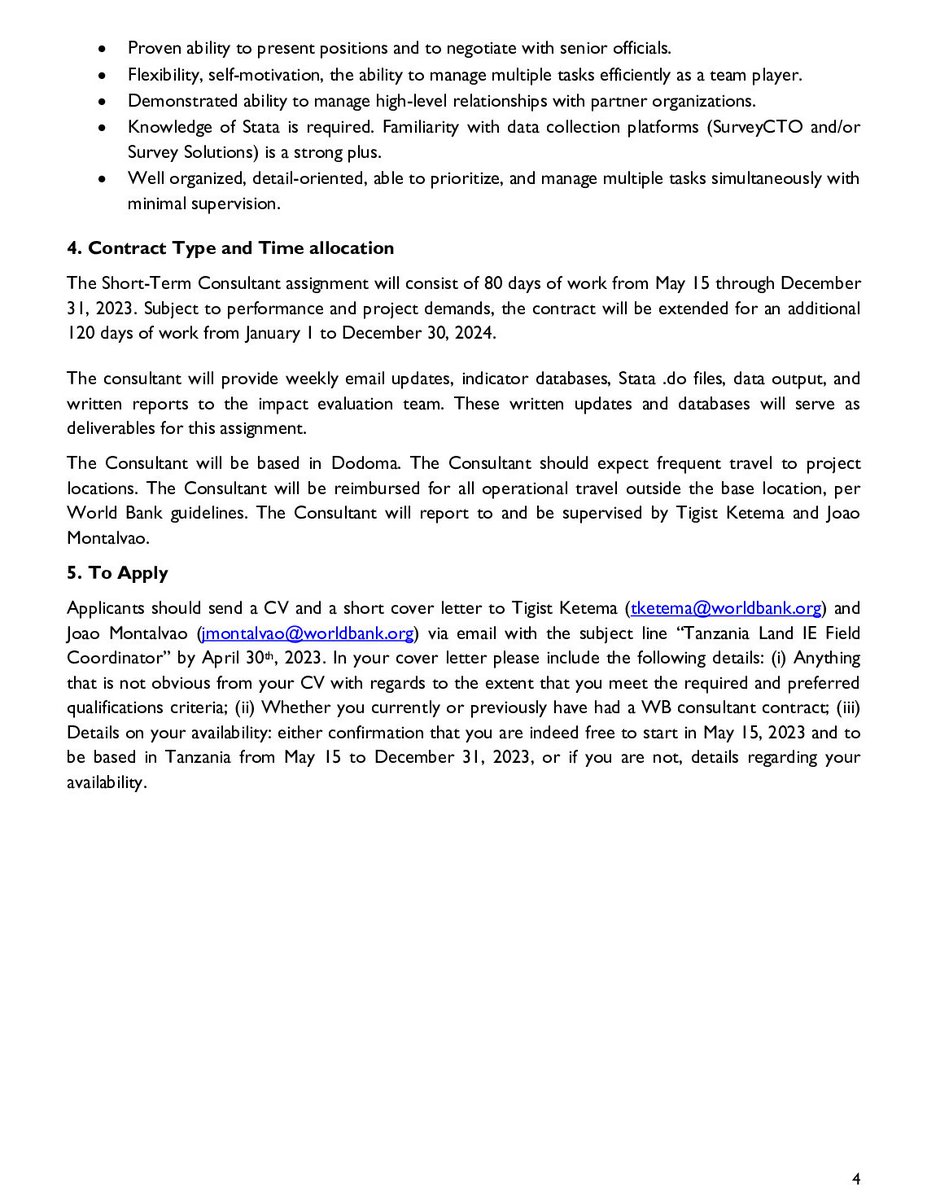 The World Bank’s Africa Gender Lab is hiring a consultant to support the impact evaluation of a new land certification project in Tanzania. Candidate must a Master’s degree, strong Stata skills & data collection management experience. Apply by April 30th! t.ly/Zr0T