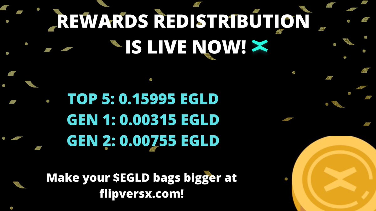 FlipversX's tweet photo. Dear flippers,

REWARDS ARE HERE! 🤑💸

💸 Each TOP 5 Player received 0.15995 $EGLD

💸 Each GEN 1 Pass received 0.00315 $EGLD

💸 Each GEN 2 Pass received 0.00755 $EGLD

Secure your pass now to receive next week’s rewards! 💰💲 https://t.co/SyedzpbArM