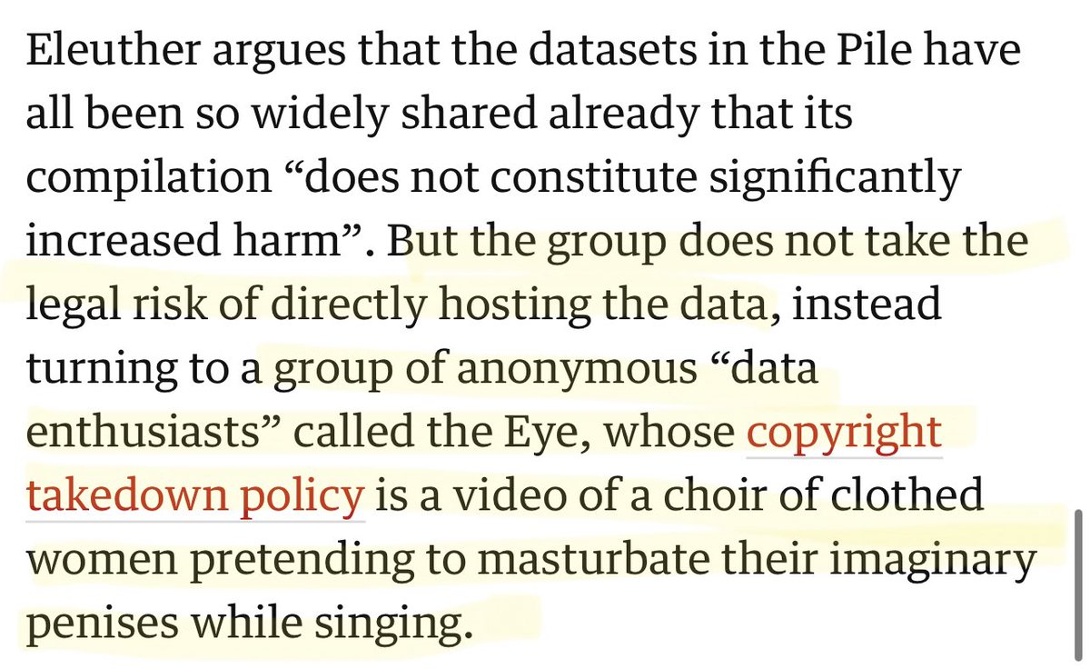 kortizart's tweet image. The whole article is wild but this part discussing Eleuther’s (a group comprised of the usual suspects)  scope of data gathering for a GPT-3 model, using anonymous entities to avoid legal risks (potential data laundering?) and the “copyright takedown policy” is mind blowing .