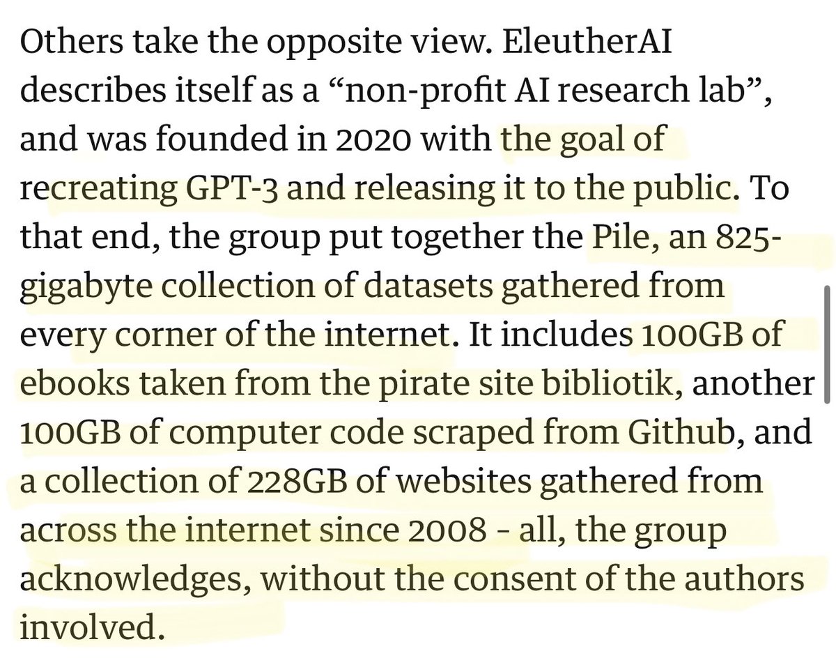 kortizart's tweet image. The whole article is wild but this part discussing Eleuther’s (a group comprised of the usual suspects)  scope of data gathering for a GPT-3 model, using anonymous entities to avoid legal risks (potential data laundering?) and the “copyright takedown policy” is mind blowing .