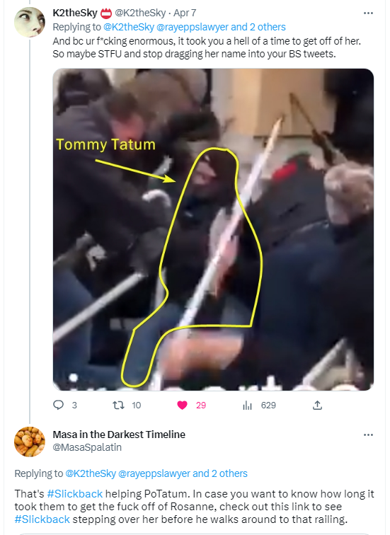 MasaSpalatin's tweet image. I was wrong! Hey everybody I was wrong. 😞

#Slickback isn't helping #Potatum. He is pulling an officer by the leg, managing to drag him down the stairs. Wonder if Potatum told him to stop. Wonder if he told him to help Rosanne instead. Nope? They did have time for a quick chat.