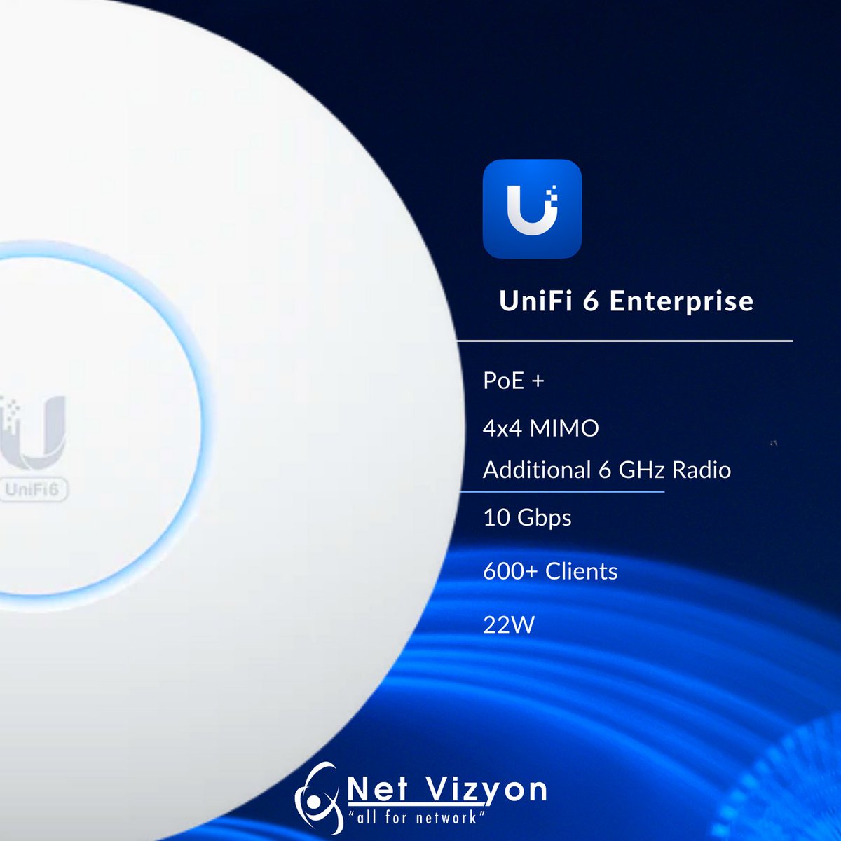 Access Point U6 Enterprise
Powerful, ceiling-mounted WiFi 6E access point designed to provide seamless, multi-band coverage within high-density client environments.
@ubiquiti
4mimo.com